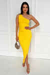 Yellow One Shoulder Wrap Draped Midi Dress