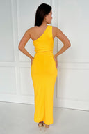 Yellow One Shoulder Wrap Draped Midi Dress