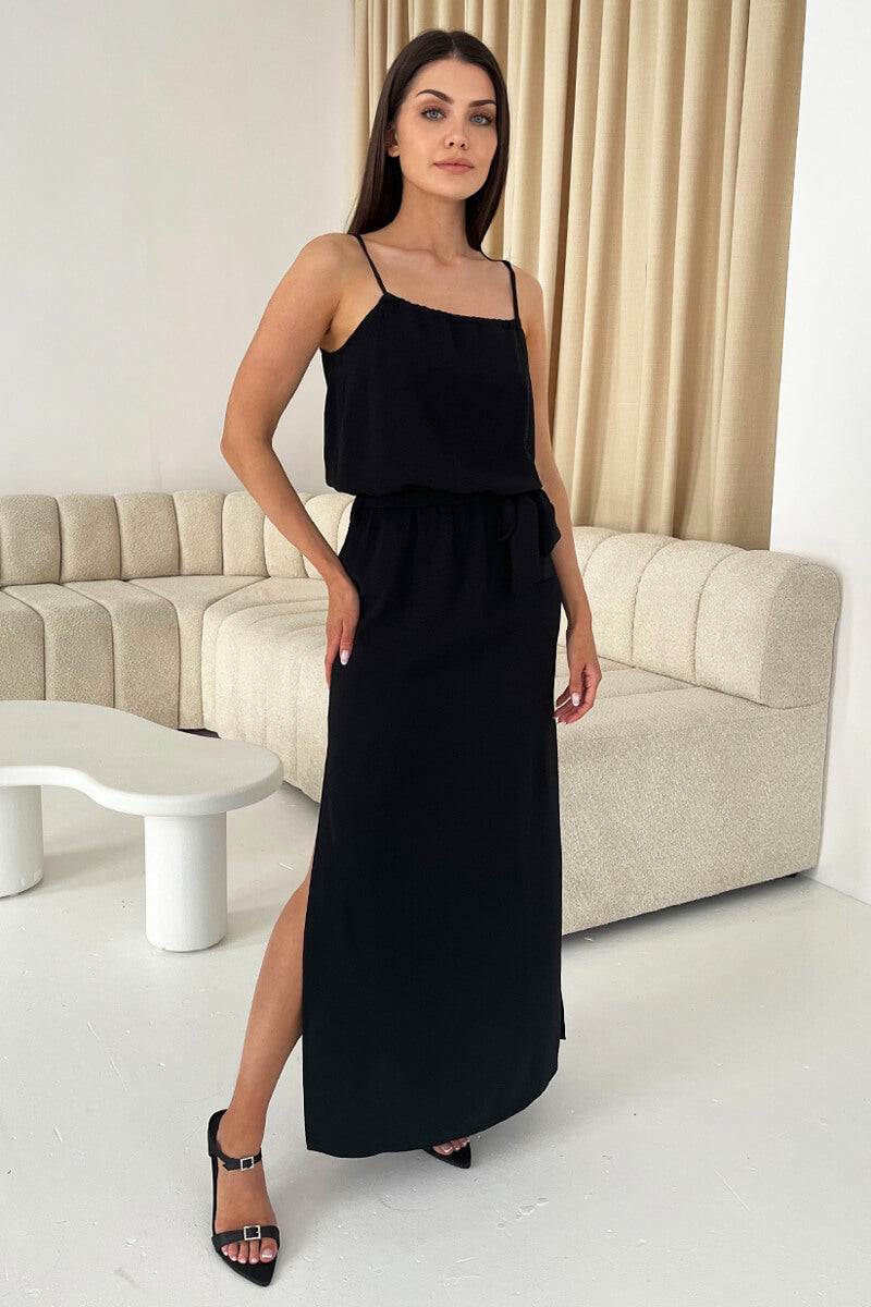 Black Tie Waist Strappy Split Leg Midi Dress