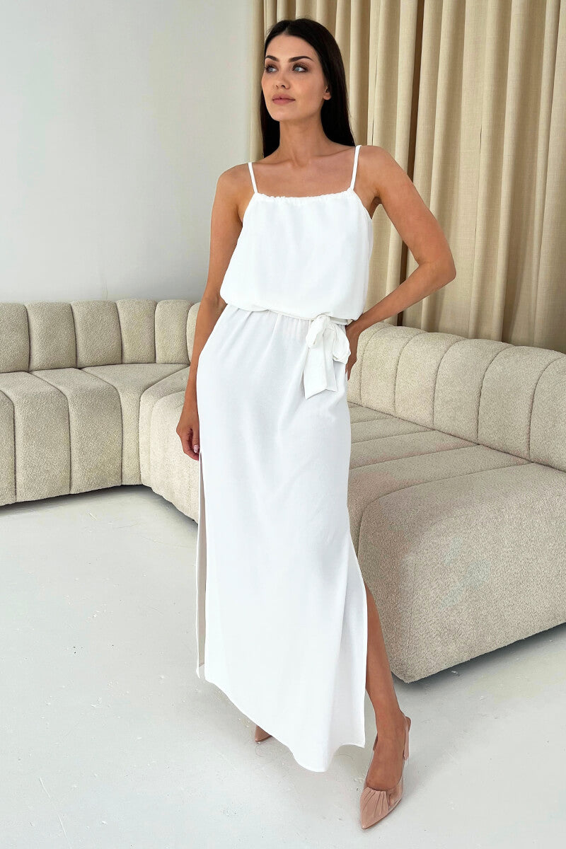 Cream Tie Waist Strappy Split Leg Midi Dress