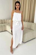 Cream Tie Waist Strappy Split Leg Midi Dress