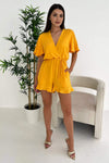 Yellow Butterfly Sleeve Wrap Top Tie Waist Playsuit