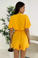 Yellow Butterfly Sleeve Wrap Top Tie Waist Playsuit
