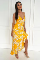 Yellow Floral Printed Strappy High Low Frill Hem Midi Dress