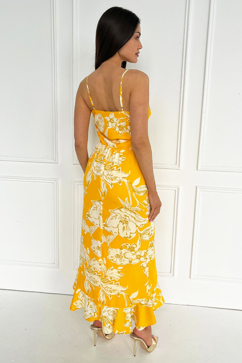 Yellow Floral Printed Strappy High Low Frill Hem Midi Dress