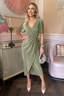 Light Khaki Short Sleeve Plisse Wrap Midi Dress