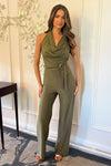 Khaki Cowl Halter Neck Tie Waist Backless Jumpsuit