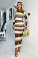 Brown Ombre Printed Mesh Overlay Long Sleeve Bodycon Midi Dress