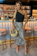 Multi Leopard Print Satin Midi Length Skirt