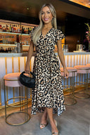 Multi Leopard Print Short Sleeve Belted Wrap Midi Dress