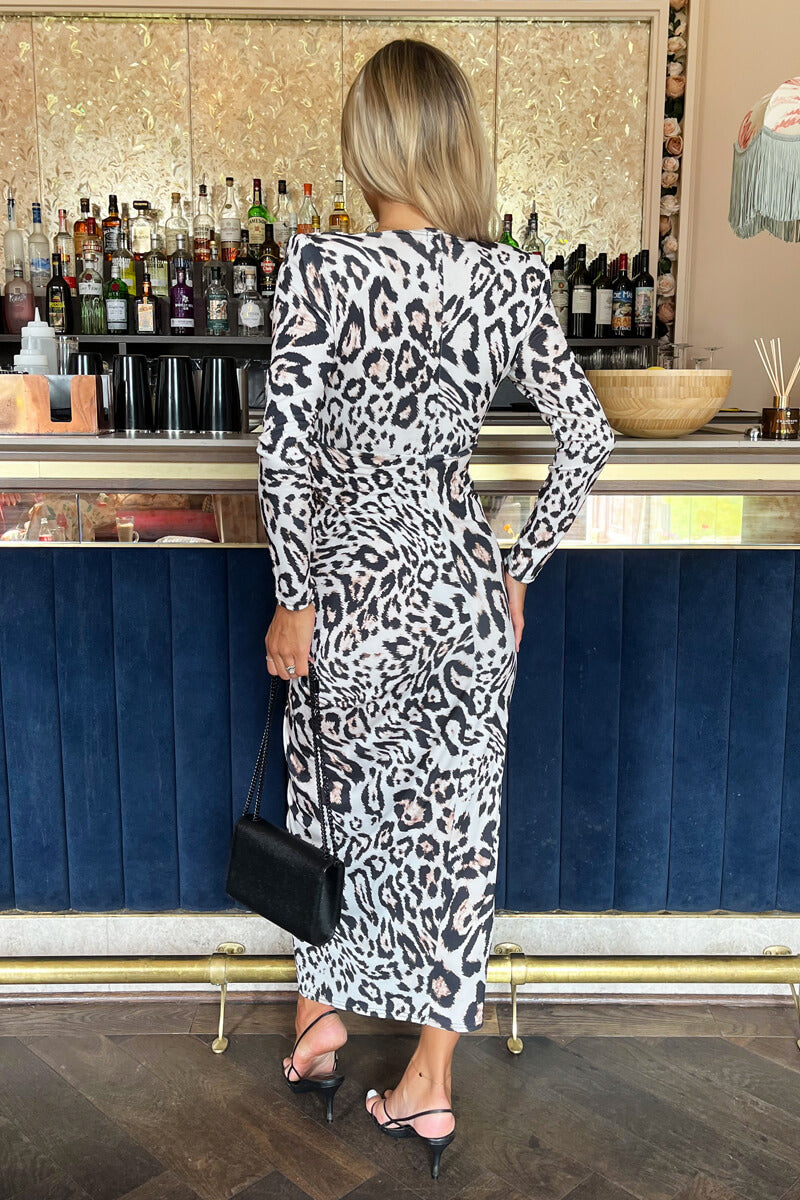 Cream Leopard Print Long Sleeve V Neck Knot Drape Midi Dress