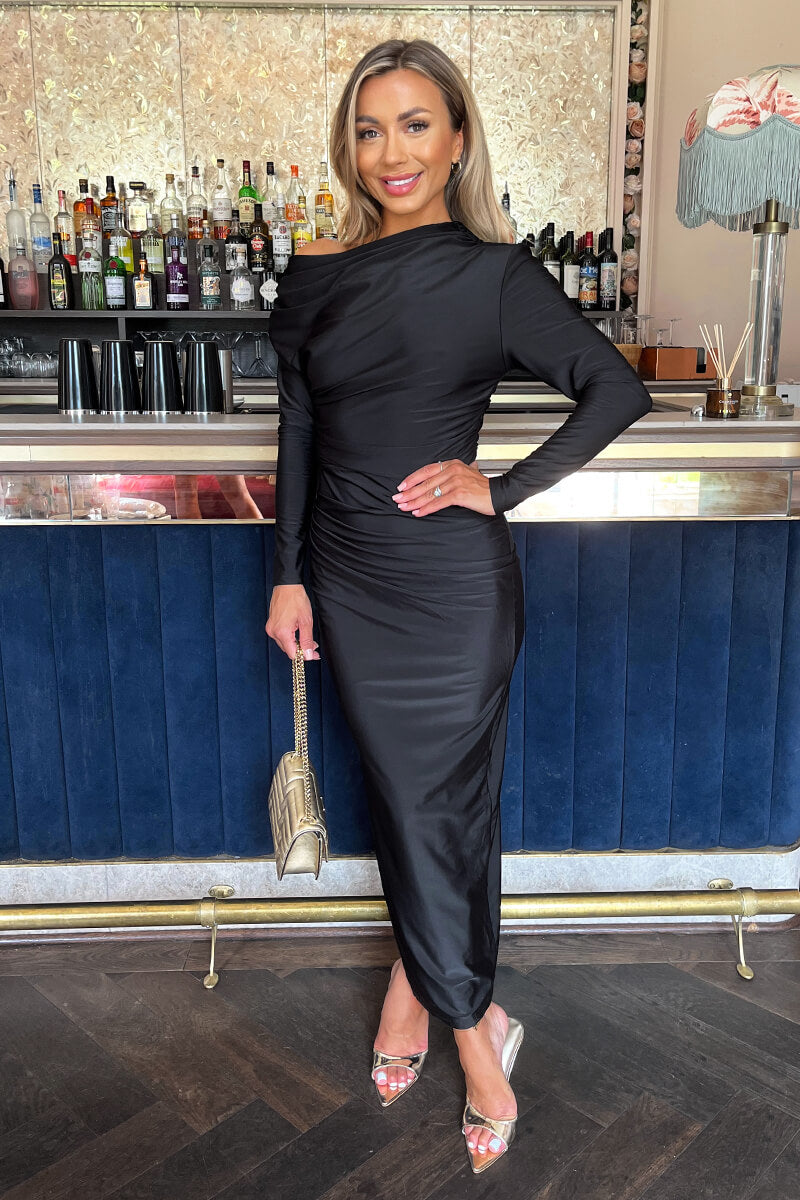 Black Off The Shoulder Long Sleeved Draped Midi Dress