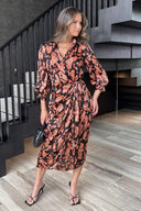 Black Abstract Print 3/4 Sleeved Tie Waist Midi Dress