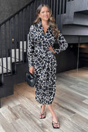 Black And White Giraffe Print Side Tie Waist Wrap Midi Dress