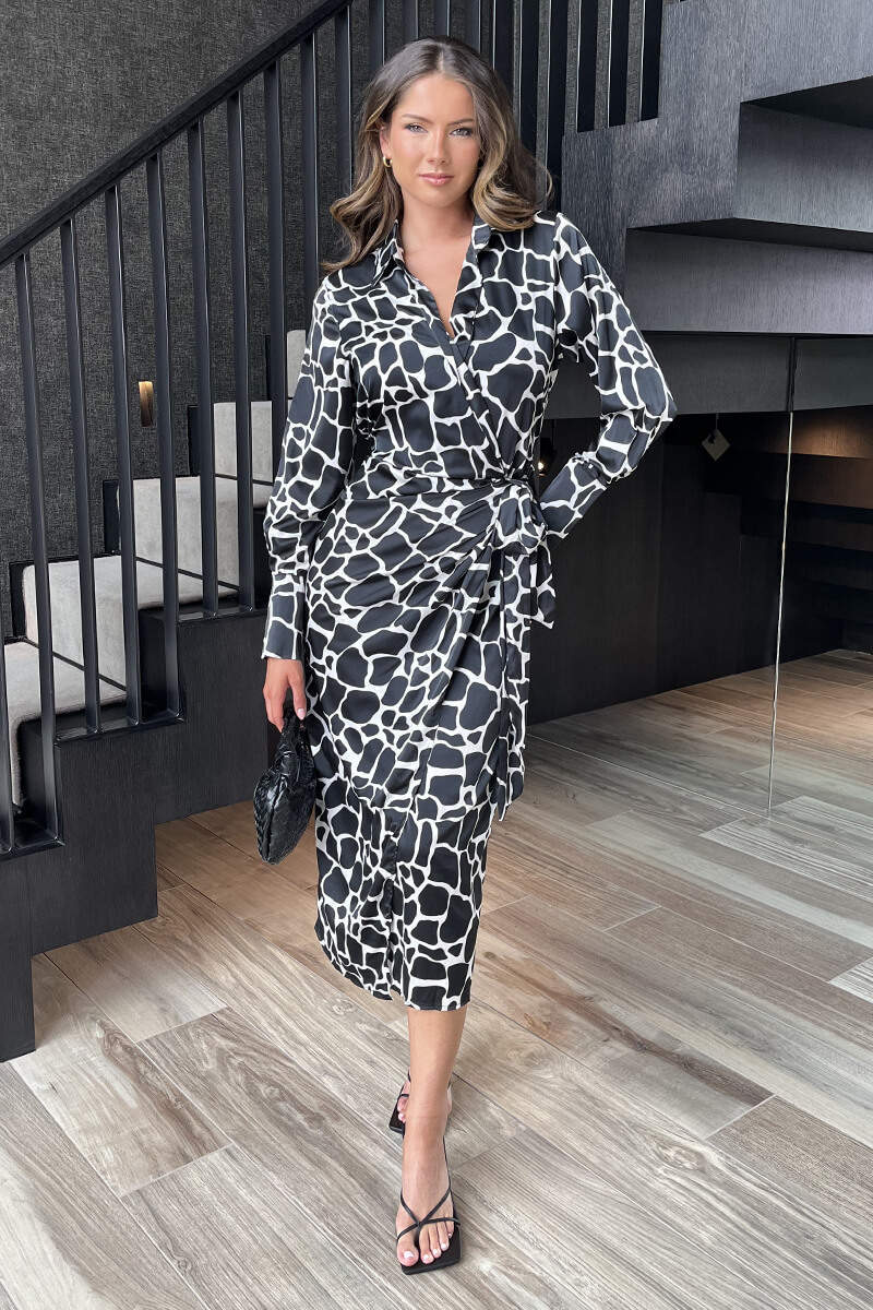 Black And White Giraffe Print Side Tie Waist Wrap Midi Dress