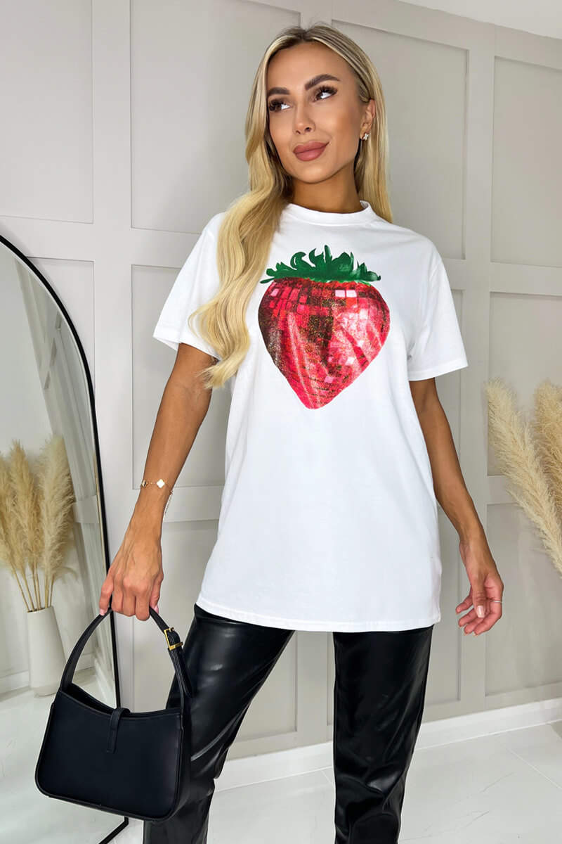 White Glitter Strawberry Print T-Shirt