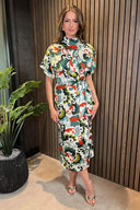 Green Abstract Print High Neck Wrap Skirt Midi Dress