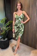 Green Printed Strappy Gathered Side Midi Dress