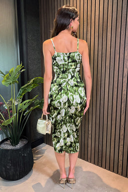 Green Printed Strappy Gathered Side Midi Dress
