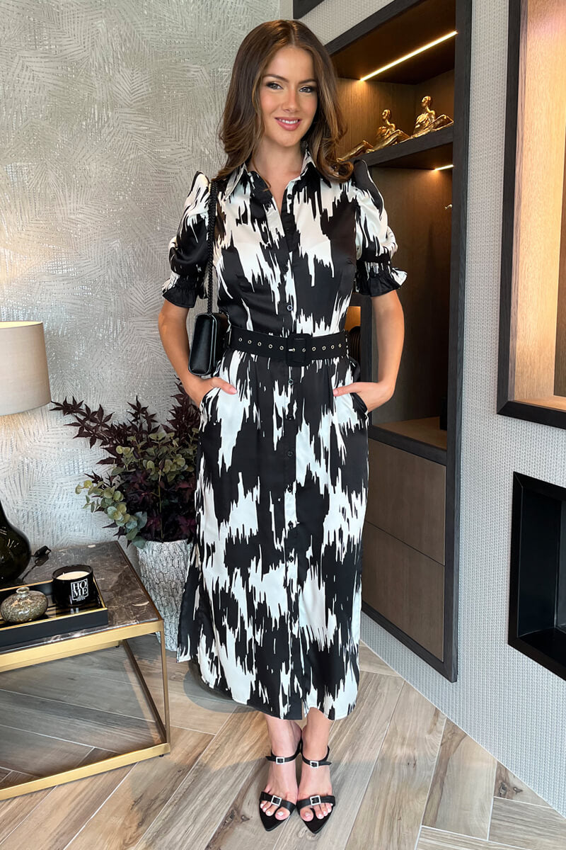 Black And White Printed Short Sleeve Belted Shirt Midi Dress