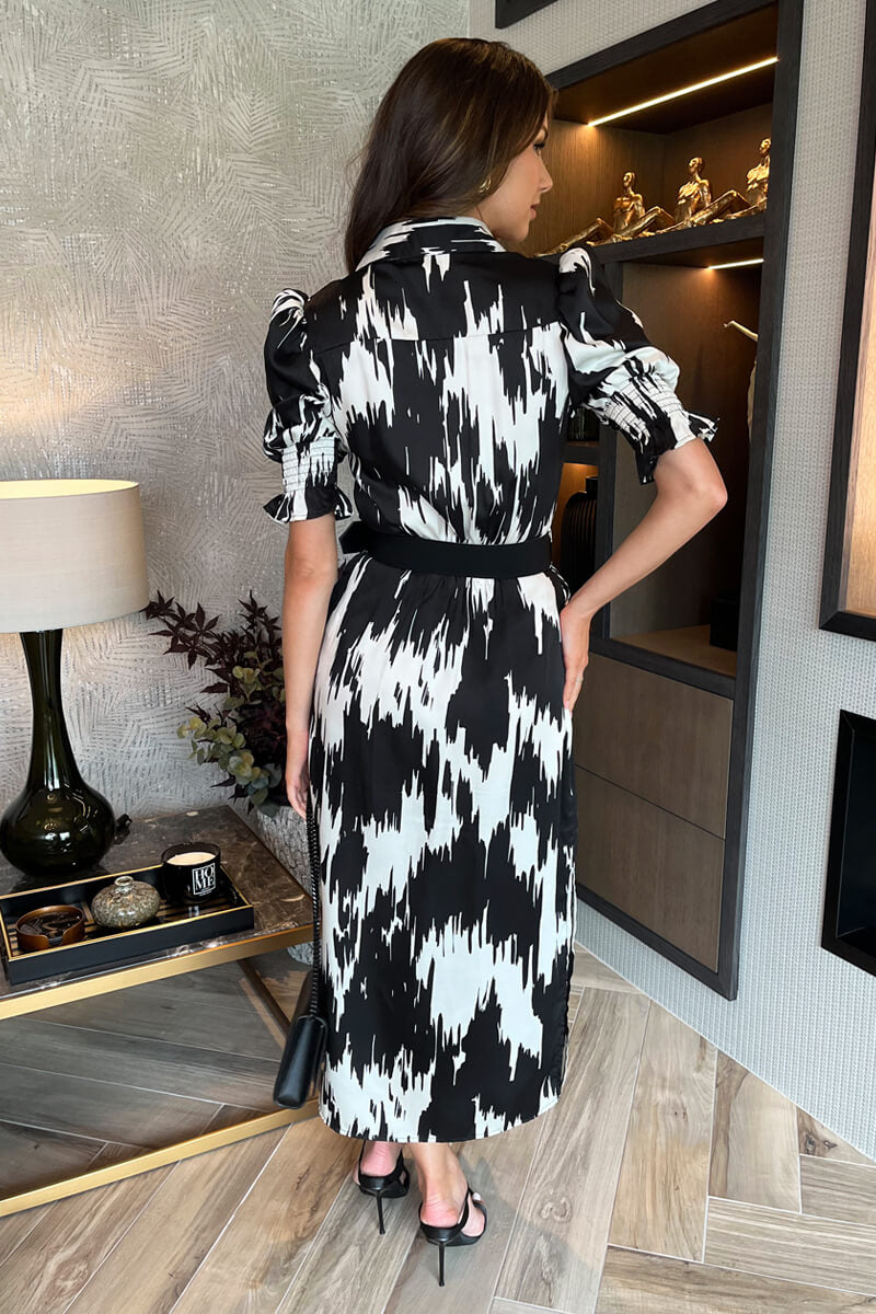 Black And White Printed Short Sleeve Belted Shirt Midi Dress