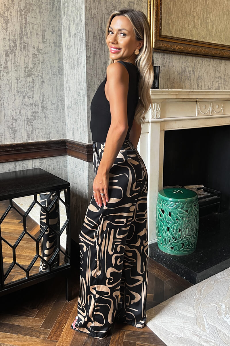 Black Geometric Pattern 2 in 1 Sleeveless Wide Leg Jumpsuit