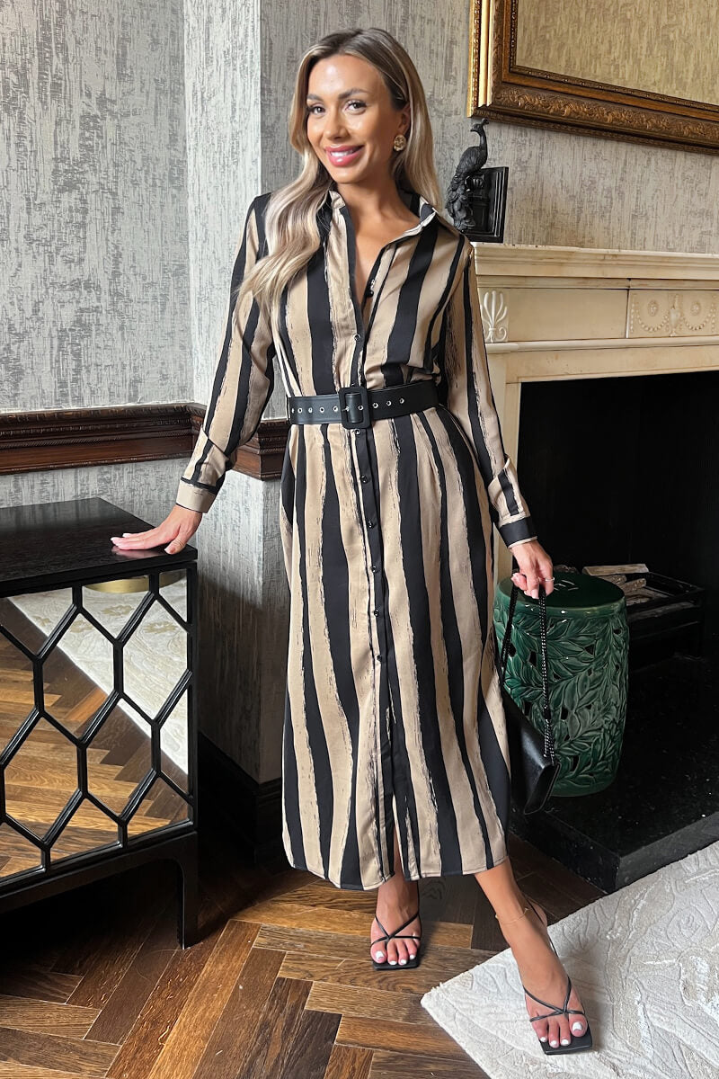 Beige Striped Print Button Front Belted Shirt Midi Dress