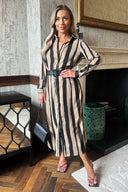 Beige Striped Print Button Front Belted Shirt Midi Dress