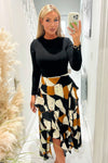 Multi Geometric Print 2 in 1 Long Sleeve Double Frill Split Midi Dress