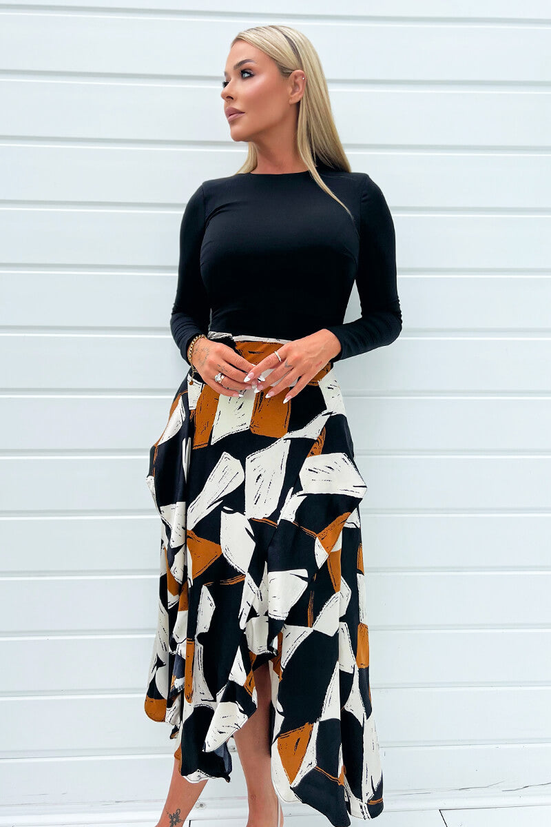 Multi Geometric Print 2 in 1 Long Sleeve Double Frill Split Midi Dress