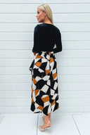 Multi Geometric Print 2 in 1 Long Sleeve Double Frill Split Midi Dress