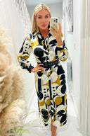 Multi Geometric Print Button Front Belted Shirt Midi Dress