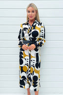 Multi Geometric Print Button Front Belted Shirt Midi Dress