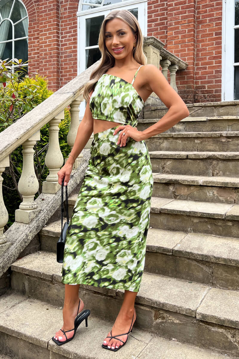 Green Printed Asymmetric Cut Out Midi Dress