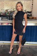 Black High Neck Bodycon Ruched Mesh Mini Dress