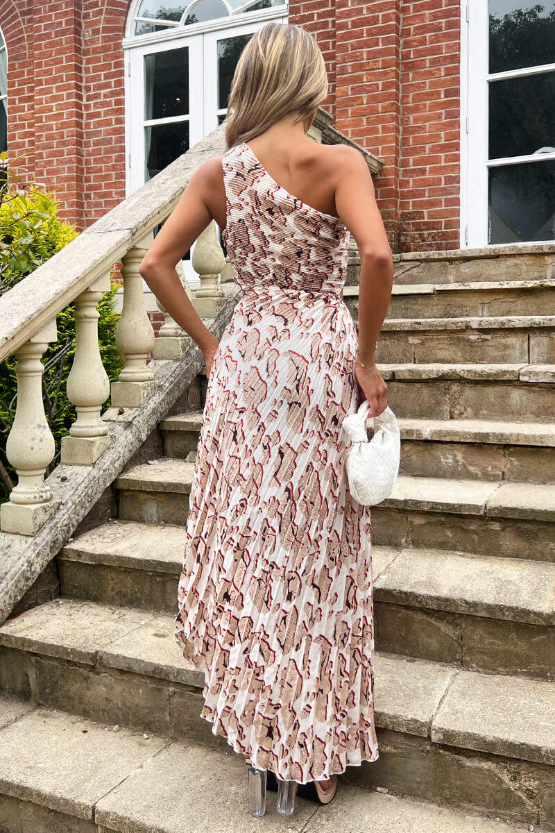 Cream Printed One Shoulder Pleated Midi Dress