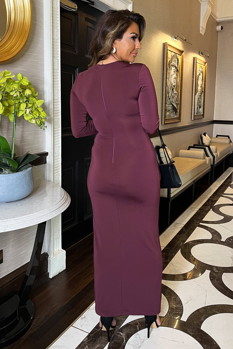 Plum Long Sleeve Sash Bodycon Midi Dress