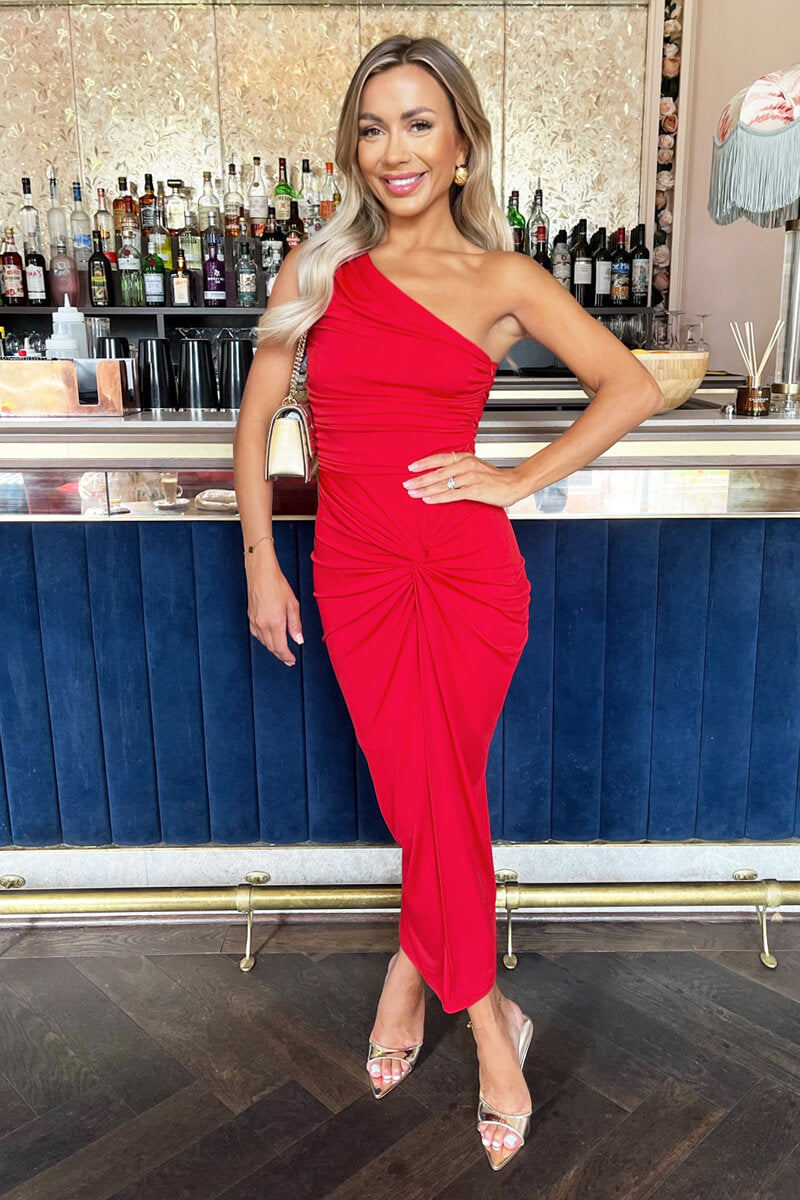 Red One Shoulder Knot Skirt Midi Dress