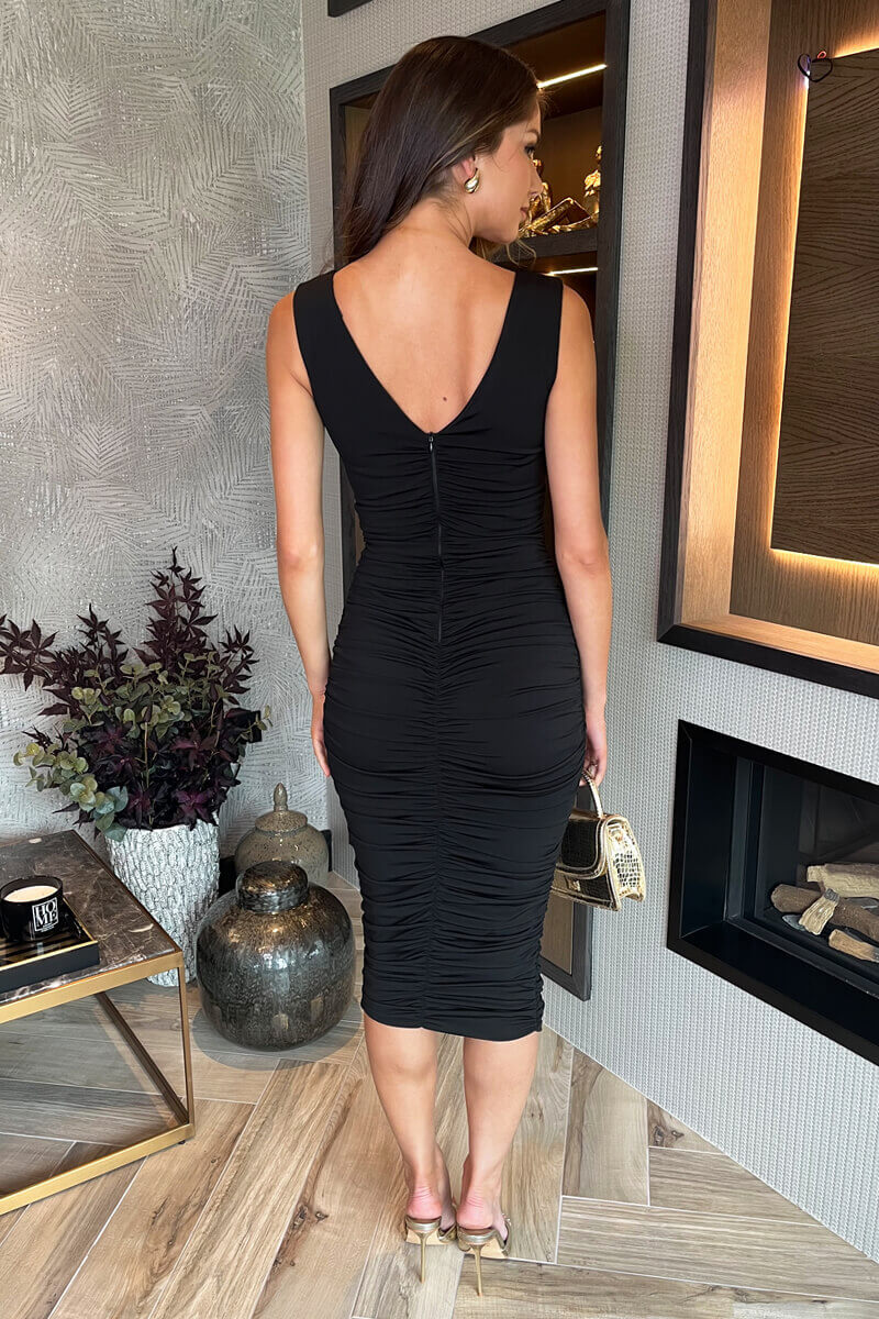 Black V Neck Ruched Bodycon Midi Dress