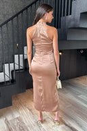 Champagne Satin Halter Neck Side Split Midi Dress