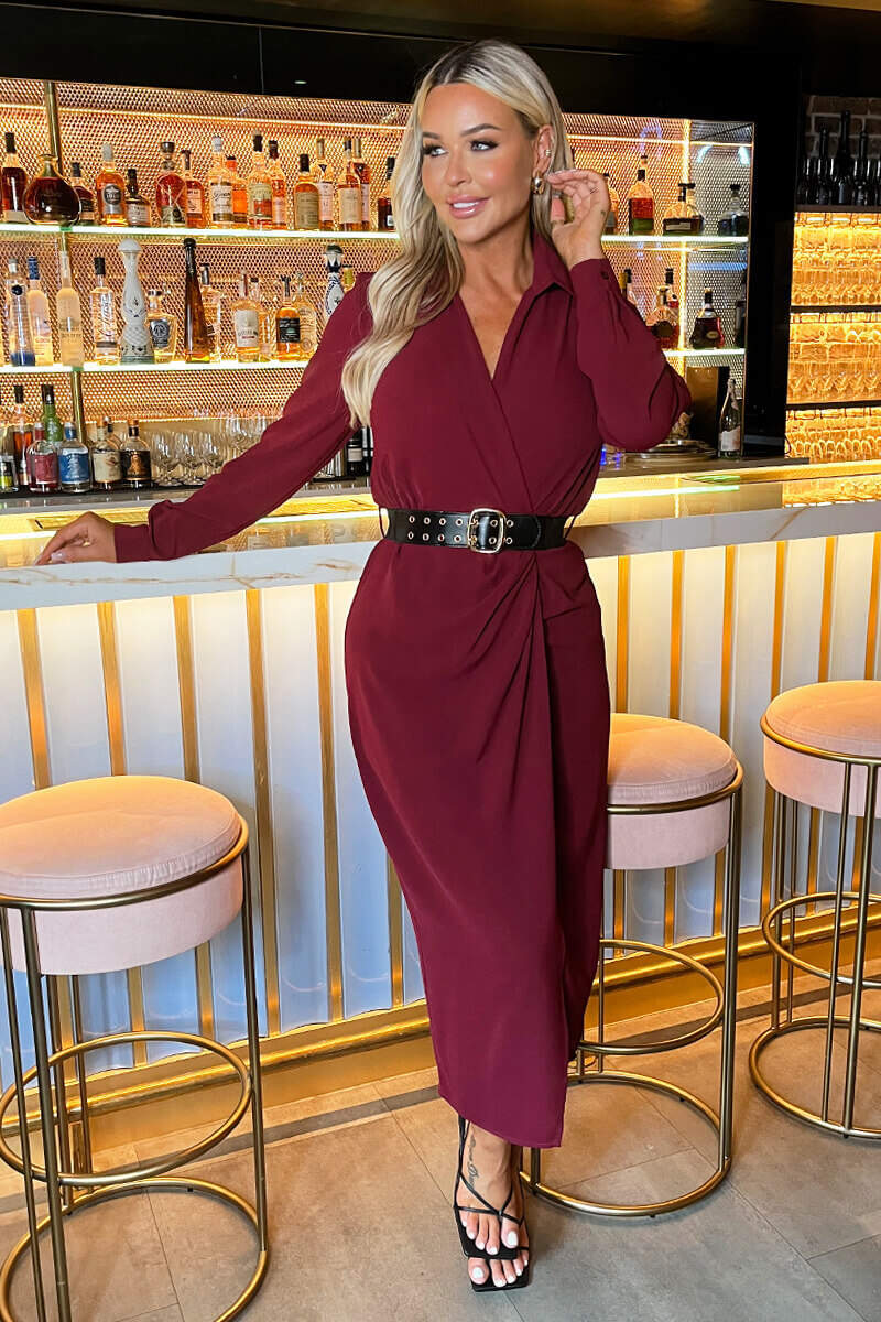 Wine Belted Wrap Midi Shirt Dress