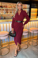 Wine Belted Wrap Midi Shirt Dress