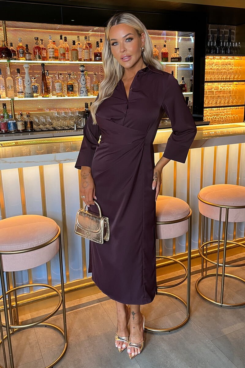 Plum 3/4 Sleeves Gathered Waist Shirt Midi Dress