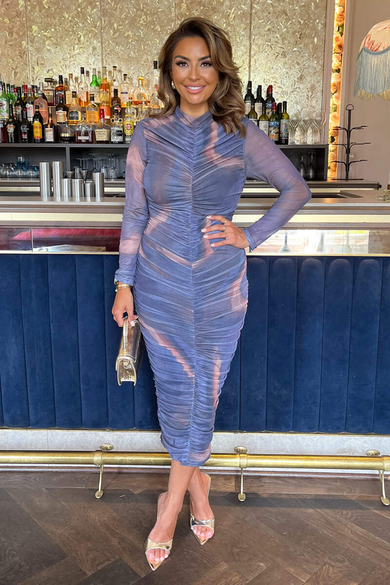 Purple Tie Dye Print High Neck Long Sleeve Ruched Midi Dress