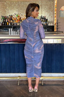 Purple Tie Dye Print High Neck Long Sleeve Ruched Midi Dress