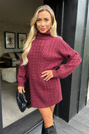 Wine Roll Neck Cable Knit Dress