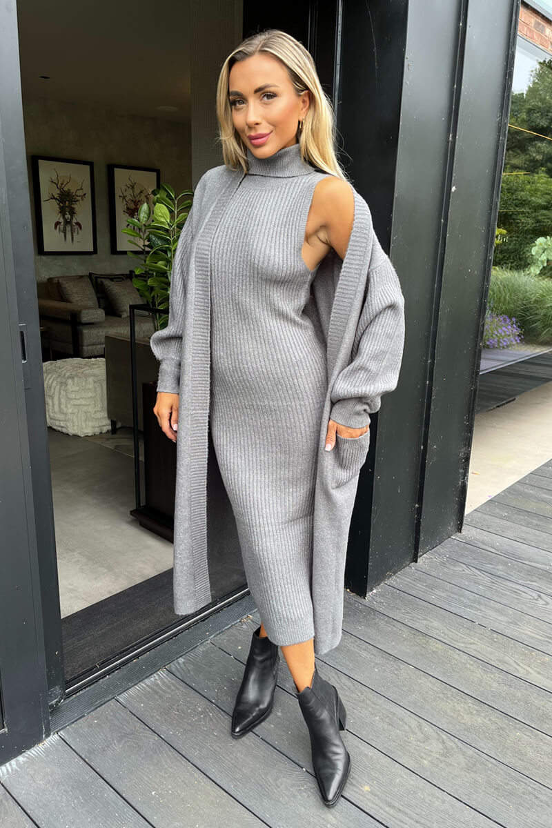 Mid Grey Knitted Midi Dress And Cardigan Co-ord – AX Paris US