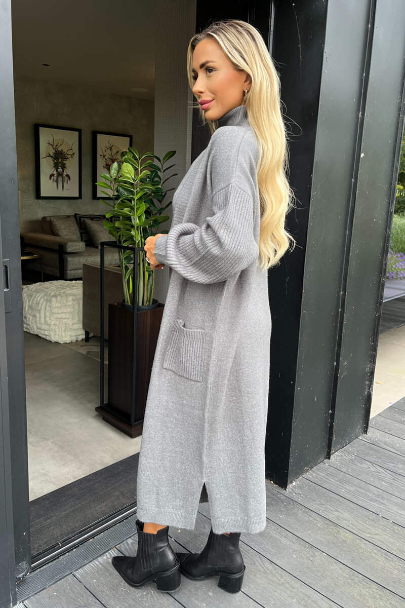 Mid Grey Knitted Midi Dress And Cardigan Co-ord