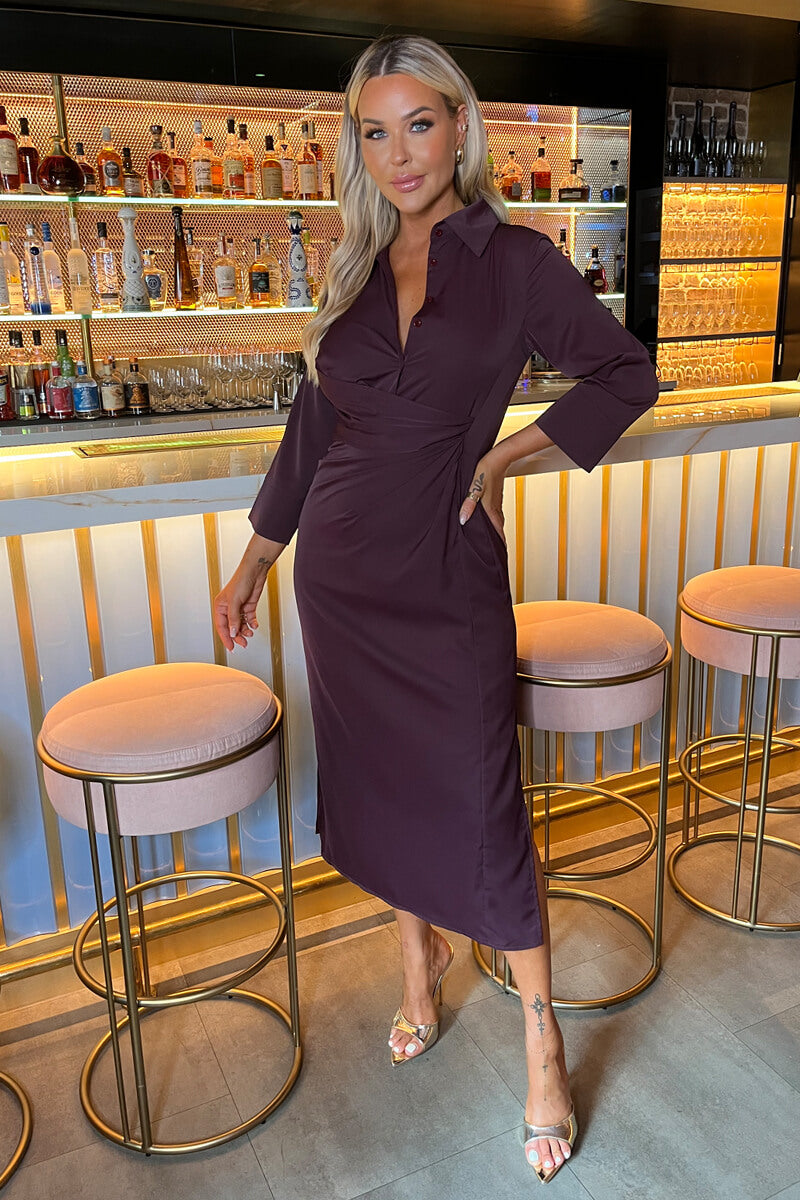 Plum 3/4 Sleeves Gathered Waist Shirt Midi Dress