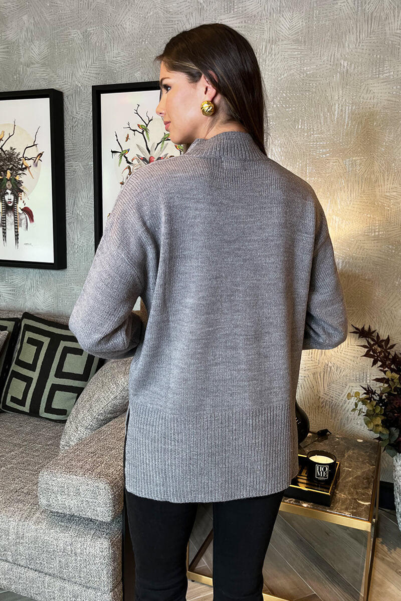 Mid-Grey Shoulder Button Detail Knit Jumper